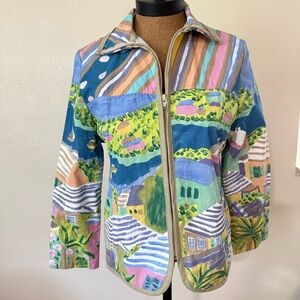Silkscapes Art to Wear Hand Painted Multicolor Seaside Village Zip Jacket Small‌